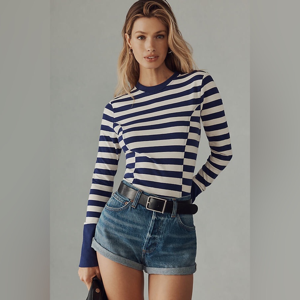Anthropologie Blue and White Striped Long Sleeve Tee